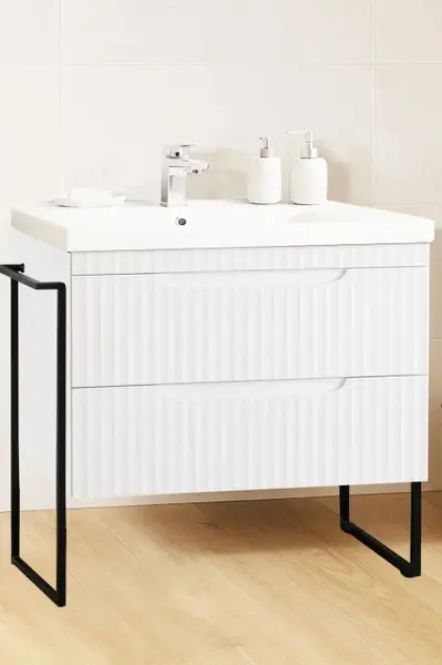 Set Baza front MDF si Lavoar seria 733, cadru metalic, sertare, montata, 80 cm, alb rustic