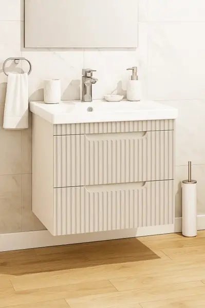 Set Baza front MDF si Lavoar seria 733, suspendata, cu sertare, montat, 60 cm, crem