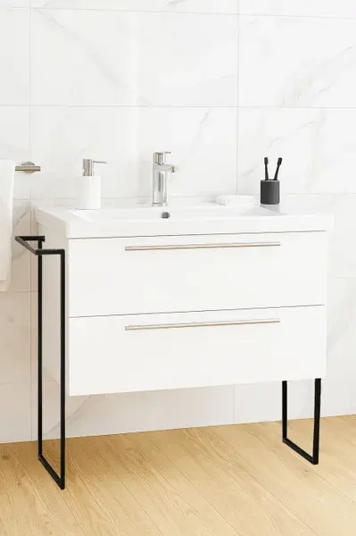 Set Baza front MDF si Lavoar seria 754, cadru metalic, cu sertare, 80 cm, alb