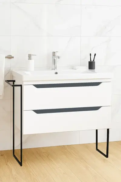 Set Baza front MDF si Lavoar seria 756, cu sertare, cadru metalic, 80 cm, alb + antracit