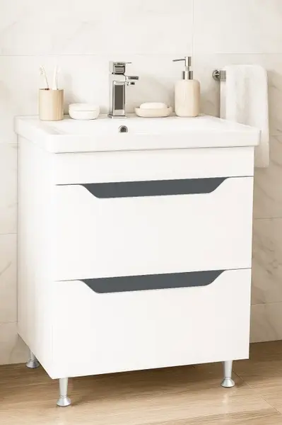 Set Baza front MDF si Lavoar seria 756, cu sertare, montat, 60 cm, alb + antracit