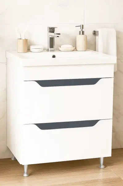 Set Baza front MDF si Lavoar seria 756, cu sertare, montat, 70 cm, alb + antracit