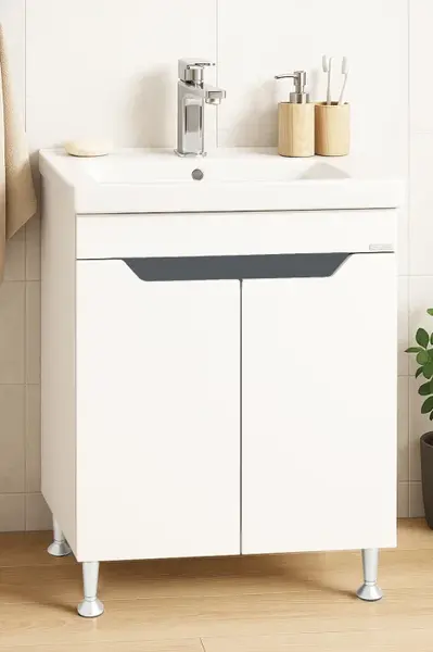 Set Baza front MDF si Lavoar seria 756, montat, 60 cm, alb + antracit