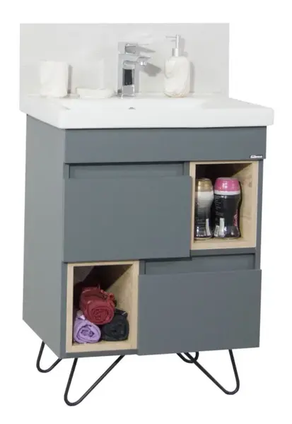 Set Baza front MDF si Lavoar seria 760, cu picioare metalice, 60 cm, antracit + sonoma
