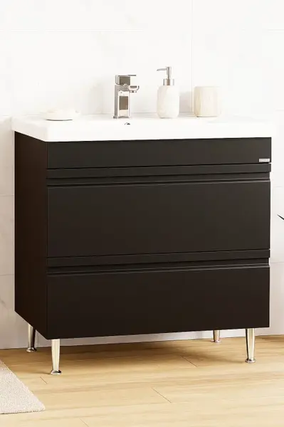 Set Baza front MDF si Lavoar seria 786, cu sertare, montat, 80 cm, negru