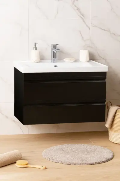 Set Baza front MDF si Lavoar seria 786, suspendata, cu sertare, montat, 80 cm, negru