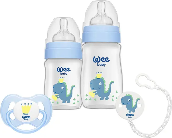 Set biberon și suzetă Wee - Dino, albastru