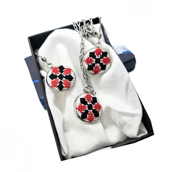 Set bijuterii inox broderie traditionala model etno rosu