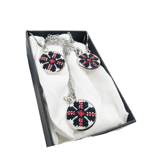 Set bijuterii inox broderie traditionala model etno rosu si negru