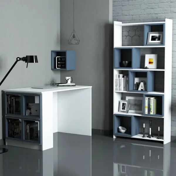 Set birou si biblioteca BOX, 3 piese, alb + albastru
