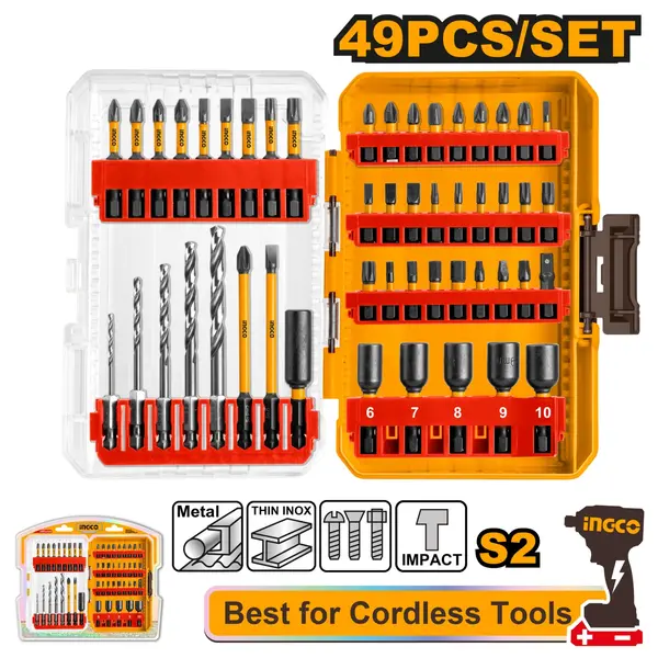 Set biti si burghie impact 49 buc, pentru scule cu acumulator, INGCO AKDL24906