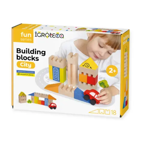 Set blocuri de constructie din lemn - Oras, 18 piese