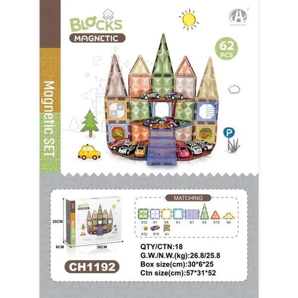 Set Blocuri Magnetice - 62 piese, Joc Constructie STEM (Masini)