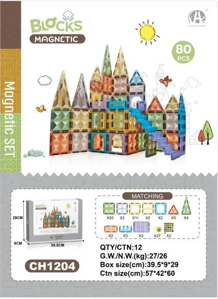 Set Blocuri Magnetice - 80 piese, Joc Constructie STEM (CASTEL)