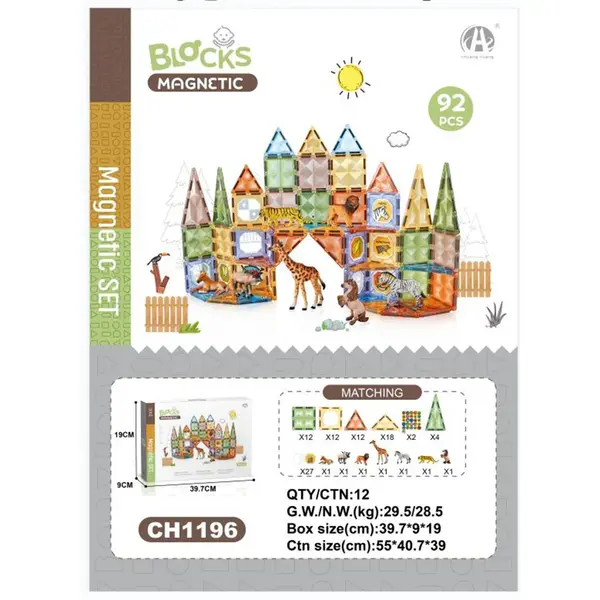 Set Blocuri Magnetice - 92 piese, Joc Constructie STEM (ANIMALE)