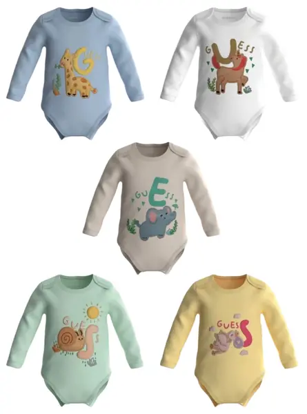 Set body cu mânecă lungă Guess - Cu litere și animale , 5 buc., 0-3 luni