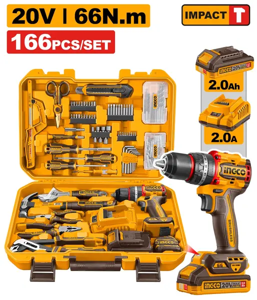 Set Bormasina 20V 66Nm cu Acumulator 2Ah si Trusa Scule 166 Piese