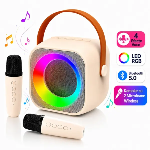 Set Boxa Bluetooth 5, 0 Karaoke Cu 2 Microfoane Wireless, Multi-Functionala, Bej - Default Title