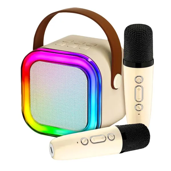 Set Boxa Bluetooth 5.3 Karaoke Cu 2 Microfoane Wireless, Pentru Adulti si Copii NewEvo , Pentru Petreceri Si Spectacole, Lumini RGB, 4 Efecte Vocale,