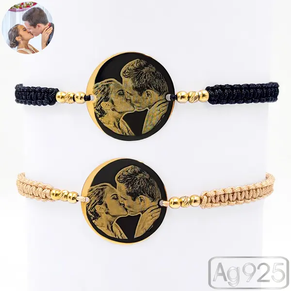 Set bratari personalizate cu poza din argint placat cu aur - Banut 22mm - Snur impletit si bilute Ag