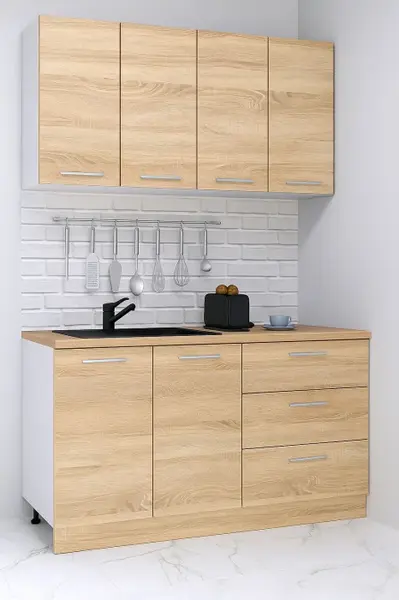Set bucatarie GERMANIA 140 cm, 4 corpuri, 3 sertare, blat gros, sonoma