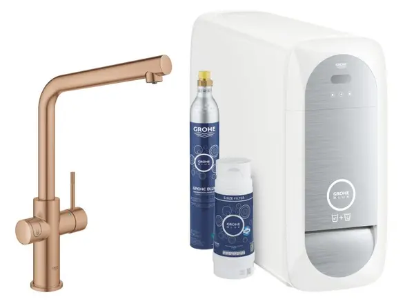 Set bucatarie Grohe Blue Home 31454DL1, 3/8, monocomanda, pipa inalta, filtrare, racire, apa carbogazoasa, cartus ceramic, pivotanta, mat, Warm sunset