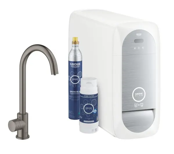 Set bucatarie Grohe Blue Home Mono 31498AL1, 3/8, pipa medie, tip C, filtrare apa, racire, carbogazoasa, alimentare apa rece, mat, Hard graphite