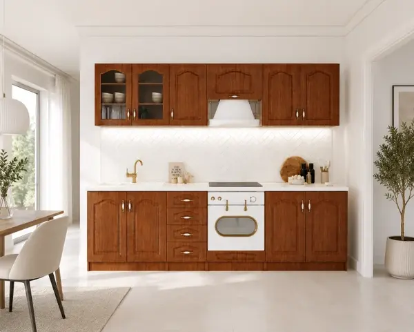 Set Bucatarie Olea RO MDF Calvados cu blat intreg 260x60x200 cm