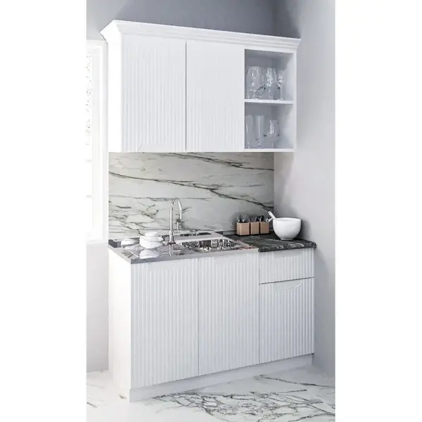 Set bucatarie SPACE 120 cm, 2 corpuri, cu sertar, blat termorezistent, fronturi MDF, alb antichizat