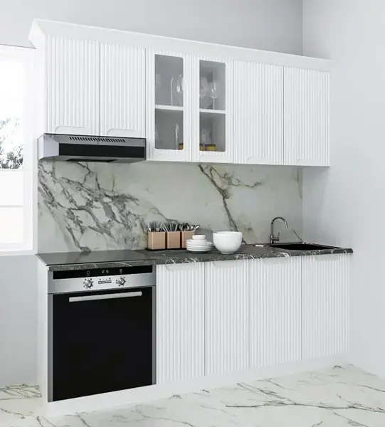Set bucatarie SPACE 200 cm, 6 corpuri, corp cuptor, blat termorezistent, fronturi MDF, alb rustic