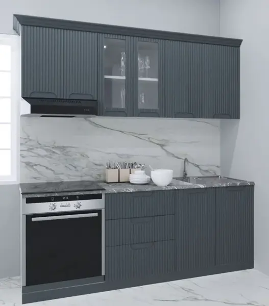 Set bucatarie SPACE 200 cm, 6 corpuri, corp cuptor, cu sertare, blat termorezistent, fronturi MDF, antracit