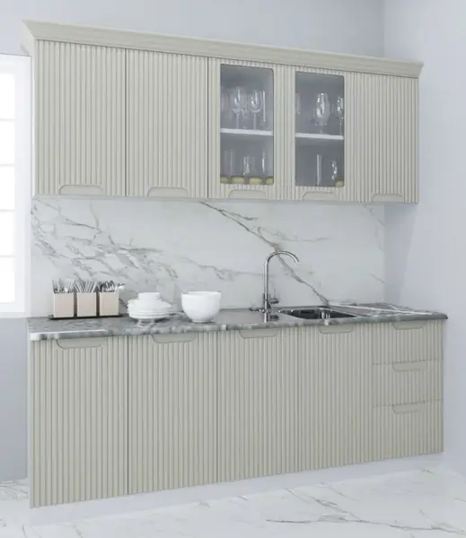 Set bucatarie SPACE 200 cm, 6 corpuri, cu sertare, blat termorezistent, fronturi MDF, crem