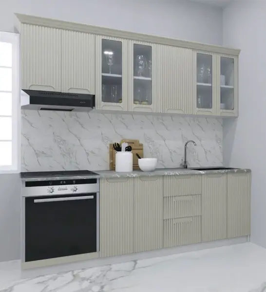 Set bucatarie SPACE 220 cm, 8 corpuri, corp cuptor, cu sertare, blat termorezistent, fronturi MDF, crem