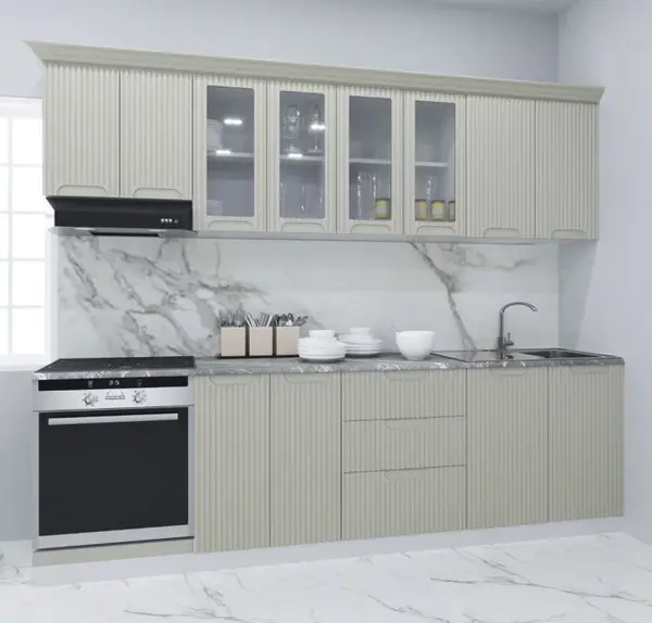 Set bucatarie SPACE 260 cm, 8 corpuri, corp cuptor, cu sertare, blat termorezistent, fronturi MDF, crem