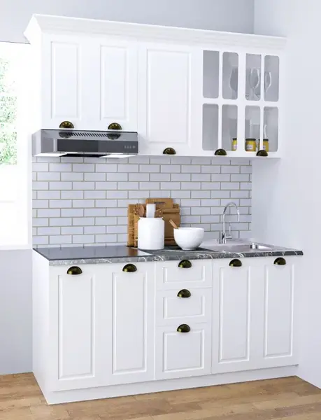 Set bucatarie SQUARE 160 cm, 6 corpuri, blat termorezistent, fronturi MDF, alb rustic