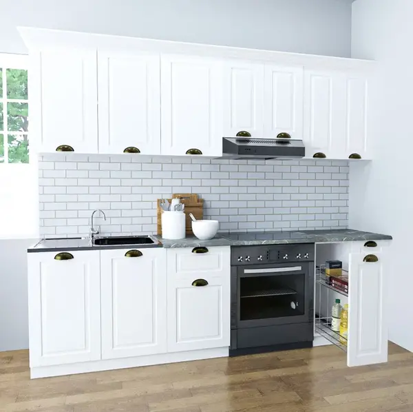 Set bucatarie SQUARE 240 cm, 8 corpuri, corp Jolly, blat termorezistent, fronturi MDF, alb rustic