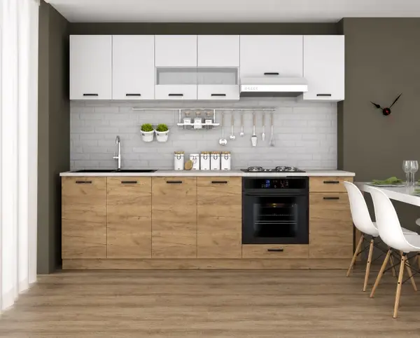 Set Bucatarie Vio Stejar K003 Alb 260x60x200 cm