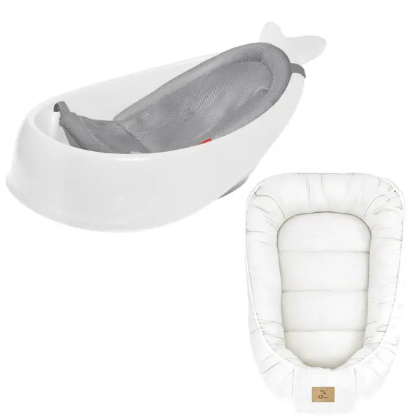 Set Cadita inteligenta, Skip Hop, Pentru 3 etape de crestere, Alb si cosulet bebelus, Qmini, 55 x 75 cm, Husa 100% muselina dubla, Cream