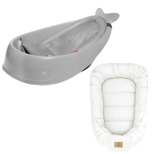 Set Cadita inteligenta, Skip Hop, Pentru 3 etape de crestere, Gri si cosulet bebelus, Qmini, 55 x 75 cm, Husa 100% muselina dubla, Cream