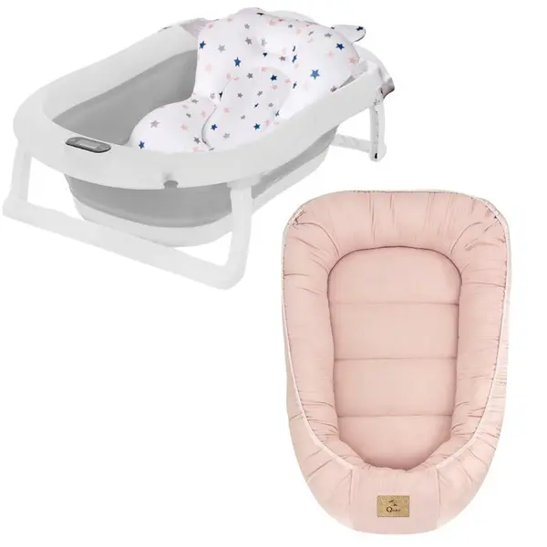 Set cadita pliabila Genua Premium, cu termometru, dop si suport anatomic, Gri si cosulet bebelus, Qmini, 55 x 75 cm, Husa 100% muselina dubla, Pink