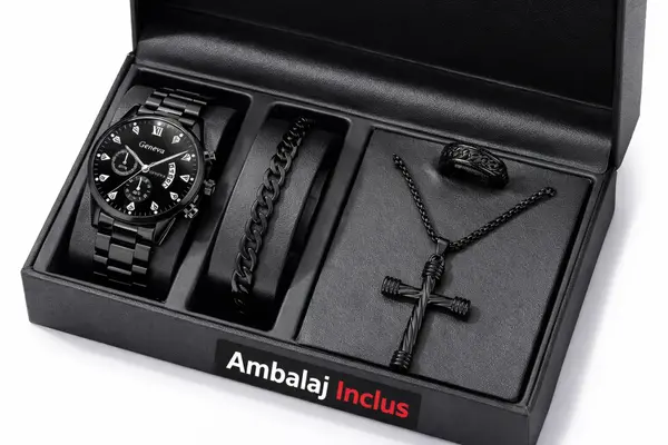 Set Cadou Bărbați 4 Piese – Ceas + Brățară + Lanț + Inel – Accesorii Negre Premium