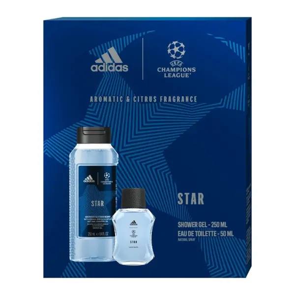 Set Cadou Barbati Adidas Uefa Star, Apa de Toaleta 50 ml, Gel de Dus 250 ml