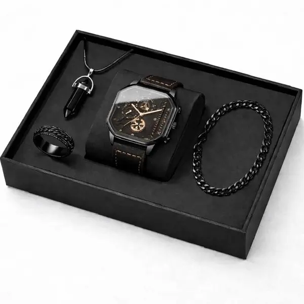 Set Cadou Bărbați Ceas Quartz Negru