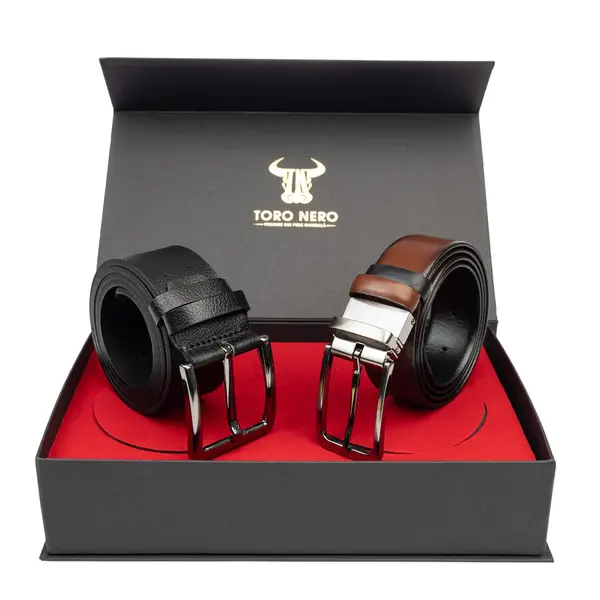 Set cadou barbati din piele naturala curea casual+curea eleganta negru-maro Verso-Modern Night - 115 cm
