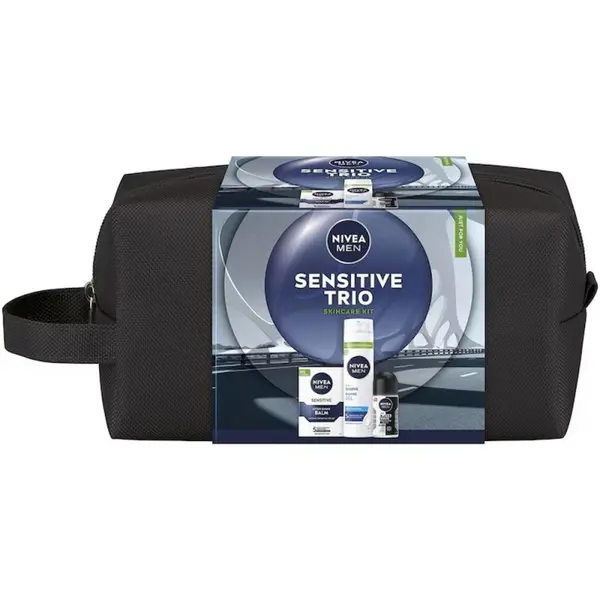 Set Cadou Barbati Nivea Men Sensitive Trio, Balsam dupa Ras 100 ml, Gel Ras 200 ml, Deodorant Roll-on 50 ml