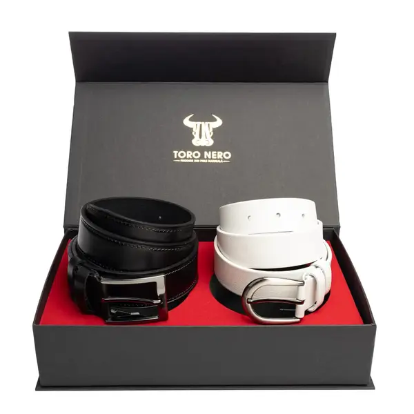 Set cadou din piele naturala curea femei+curea barbati alb-negru Elegant-Classic - 105 cm / 120 cm