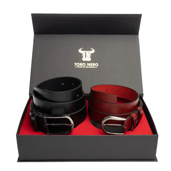 Set cadou din piele naturala curea femei+curea barbati negru-rosu Middle-Matte - 110 cm / 125 cm