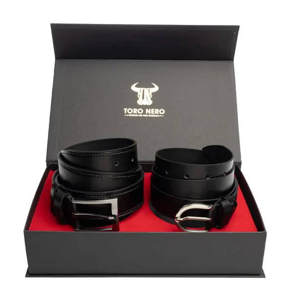 Set cadou din piele naturala curea femei+curea barbati negru Middle-Classic - 130 cm / 120 cm