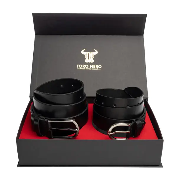 Set cadou din piele naturala curea femei+curea barbati negru Middle-Matte - 120 cm / 135 cm