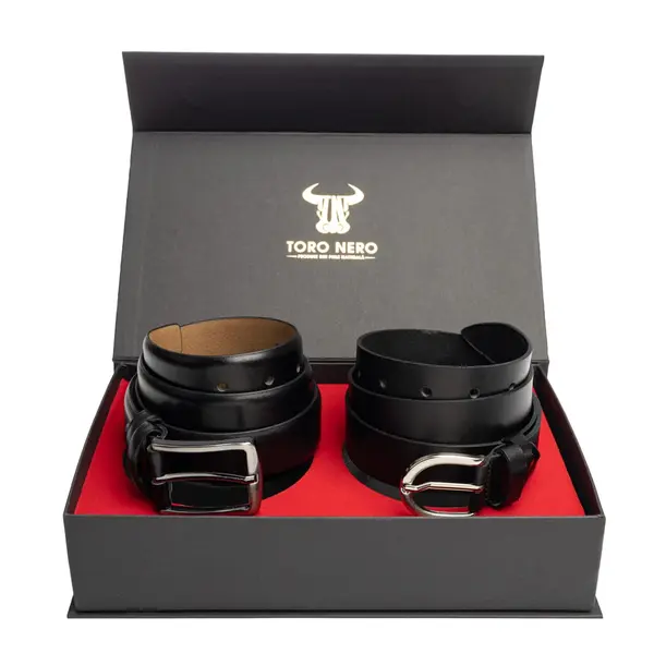 Set cadou din piele naturala curea femei+curea barbati negru Middle-Basic - 115 cm / 110 cm